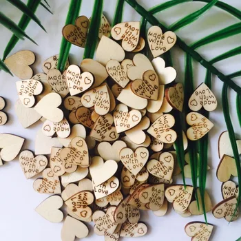 100 kozarcev 2 cm DIY Naravnih Lesenih Srce Oblike, NAREJEN Z LJUBEZNIJO za Poroke Plošče Umetnostne Obrti Okraskov Šivanje Dekoracijo Gumbi