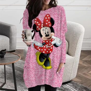 2022 Disney Minnie Miško Dolg Rokav Natisnjeni Loose majica s kratkimi rokavi Ženske Vrh Pomlad Jesen Elegantna Dama Mickey T Shirt XXS-5XL