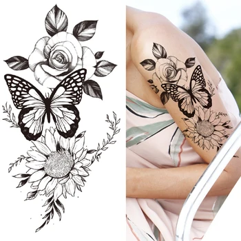 3D Cvet Pol Rokav Začasne Tetovaže Za Ženske, Dekleta Črni Metulj Nageljni Peony Tattoo Nalepke Ponaredek Tatoos Nepremočljiva