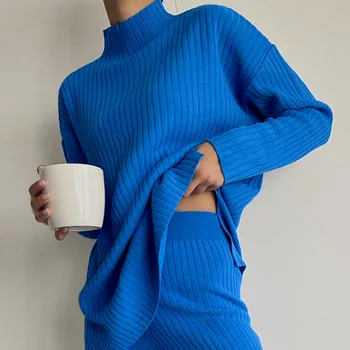 Blagovne znamke pleteni ženski kompleti 2 kos obleke trdna priložnostne puloverju vrhovi visoko pasu dolge hlače 2022 pozimi prevelik pulover obleke