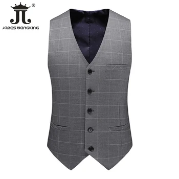 ( Blazer + Telovnik + Hlače ) High-end Boutique Moda Kariran Sive Moške Formalna Poslovna Obleka Tri-delni Set Ženina Poročna Obleka