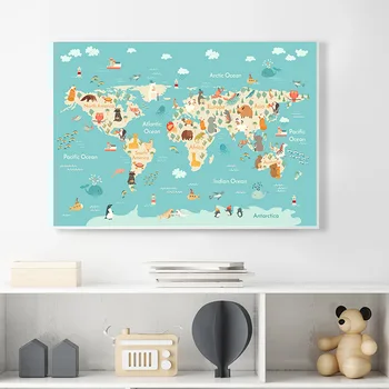 Cartoon Živali Ocean Svetovni Zemljevid Otrok Plakat Vrtec Platno Tiskanje Baby Razsvetljenje Wall Art Slika, Slikarstvo Otrok Spalnica Dekor