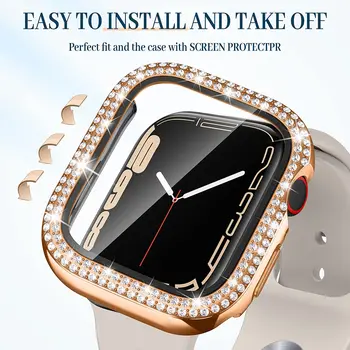 Diamond+Kaljeno Film Primeru Za Apple watch primeru, 45mm 44 42mm 40 mm 41mm Stekla Zaščitni Pokrov Za iWatch serije 8 7 6 5 4 3 SE