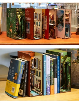 DIY Knjiga Kotiček Polico Vstavite Bookend Lutke Model Roombox Stavba Kit Leseno Polico Igrače Za Otroke Dekle Darila