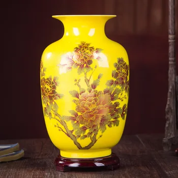 Doma Dekoracijo Kitajski Slog Vaza Jingdezhen Rumena Kristalno Glaze Cvet Vazo, Ki Živijo Kulture Ročno Sijoče Družino Rose Vaze