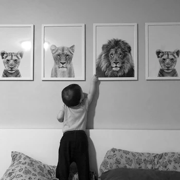 Levinja Živali Plakati Safari Wall Art Lion Cub Tiskanja Črno in Belo Platno Barvanje Vrtec Steni Sliko Otroka Otrok Soba Dekor