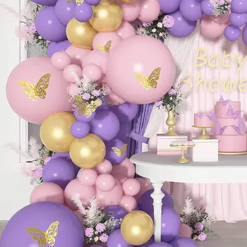 Macaron Roza Balone Arch za Rojstni dan Pastelno Roza, Vijolična Globos Zlato 3D Metulj Balon Garland za Poroko Baby Tuš Deco