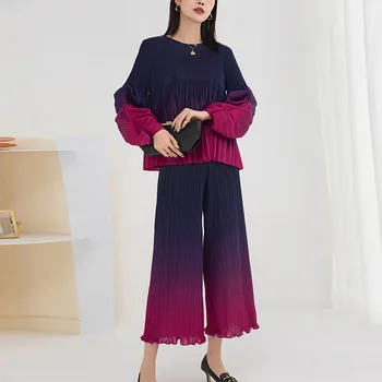 Miyake Naguban Jesenski Oblačila Ženske Obleka 2022 Moda Gradient Tisk Svoboden Puff Rokavi Vrhovi+ Širok noge hlače Dva-Delni Set