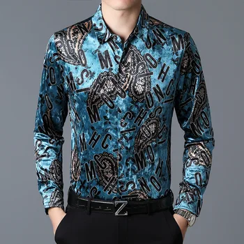 Modra Indijska Cvet Žameta Ogreti Srajce Za Moške Velur, Paisley, Srajce Stilsko Obleko Za Mens Moda Bluzo Velikosti 2023