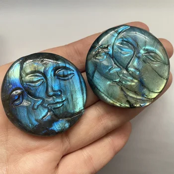 Naravni Kristali Kremena Zdravljenje Modra Labradorite Kamen Carving Sonce In Luna v Obraz Kip Za Dom Decor Stone Obrti 1PC