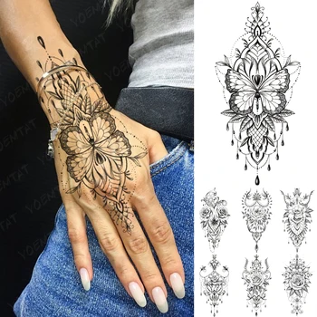 Nepremočljiva Začasni Tattoo Nalepke Henna Mehndi Totem Flash Tatto Metulj Cvet Strani Prsti Body Art Roko Ponaredek Tattoo Ženske