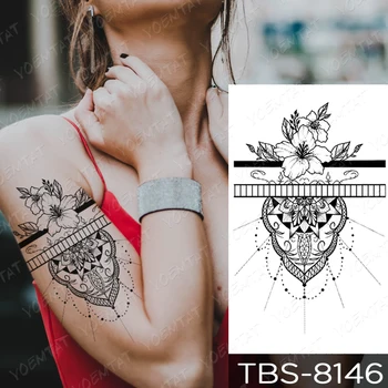 Nepremočljiva Začasni Tattoo Nalepke Peony Rose Cvet Mandala Henna Verige Flash Tatto Ženske Body Art Prenos Ponaredek Tetovaže Moški