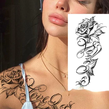 Nepremočljiva Začasni Tattoo Nalepke Črne Vrtnice Cvet Design Vzorec Poln Cvet Roko Body Art Velika Velika Ponaredek Tattoo Nalepke 1PC