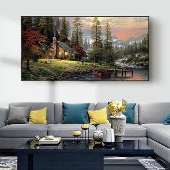 Nordijska krajine oljna slika koči v gozdu umetniško platno slikarstvo, dnevna soba, hodnik, office home stensko dekoracijo