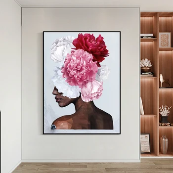 Nordijska Stensko Slikarstvo Afriška Ženska z Belo Zeleno Cvetje Plakatov in Fotografij Platno Umetniške Slike za Dnevni Sobi Doma Dekor
