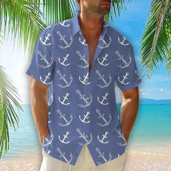 Novo Hawaiian Moških Sidro Tiskanja Poletne Majice Modra Cool Plaža Počitnice Mačka Vrhu NAS Velikosti za Moške