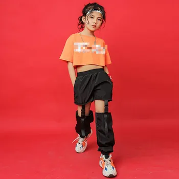 Otrok Hip Hop Oblačil Oranžne Crop Tops T Shirt Votlih Vzročno Hlače Za Dekle, Otroci Jazz Ballroom Ples Kostum, Obleke Nositi