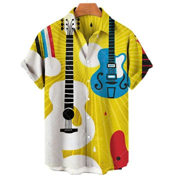 Poletne Moške Srajce Havajske Srajce za Moške Modnih Oblačil, Glasba, Kitara, Natisnjeni Vrhovi Tee Priložnostne Prevelik Bluze Plaži Camisa