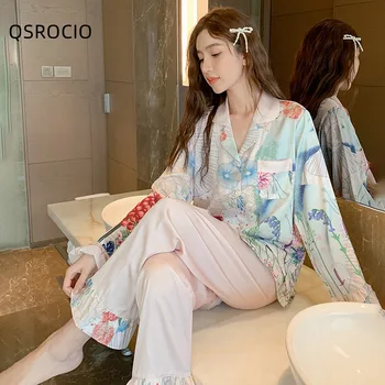 QSROCIO Visoke Kakovosti Ženske Pižame Nastavite Luksuzni Cvjetnim Tiskanja Lotus Lisice Sleepwear Svile, Kot Homewear More Femme Petite