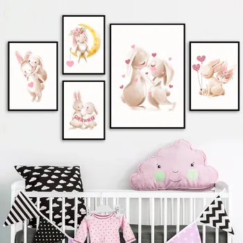 Risanka Rabbit Heart Balon Rose Cvet Nordijska Plakatov In Fotografij Wall Art Platno Slikarstvo Stenske Slike Baby Otroci Soba Dekor