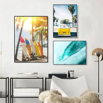 Rumeni Avto Plaži Platno Print Surf Oceana Plakat Palme Deske Stenska Umetnosti Slikarstva Nordijska Stenske Slike Dnevna Soba Dekor