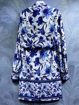 SEQINYY Vintage Obleko Poletje Pomlad Novo Modno Oblikovanje Ženske vzletno-pristajalne Steze High Street Bluzo + Mini Krilo Modro Siciliji Tiskanja Cvetovi