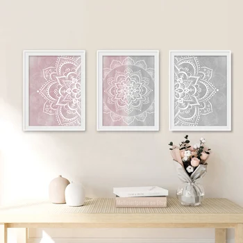 Simetrični Mandala Vzorec Wall Art Tisk Blush Pink Sivo Platno Slikarstvo Pozornosti Darilo Bohemian Plakat Joga Sobi Doma Dekor