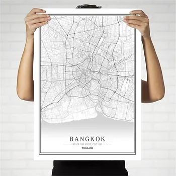 Tajska Črno in Belo Mesto Zemljevid Plakat Nordijska Dnevna Soba Bangkok Phuket Wall Art Doma Dekor Platno Slikarstvo Ustvarjalno darilo