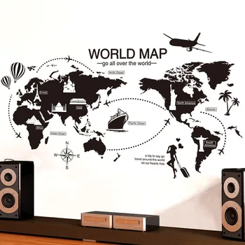 Velika Velikost Zemljevidu Sveta Stenske Nalepke Black Zemljevid Sveta Doma Dekor za Otroke, Soba Potovanje Letalo, Stene Decals je za Spalnico