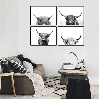 Črna in Bela Highland Krava Tiskanja Kmetija Platno, Slike Živali Plakatov in Fotografij Wall Art Slik, ki Živijo Doma Dekor