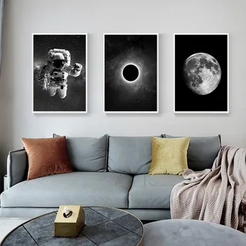 Črna in Bela Klasičnih Astronavt Platno Slikarstvo Prostor Luno, Lunin Mrk Plakat Wall Art Slik, Spalnica Doma Dekor